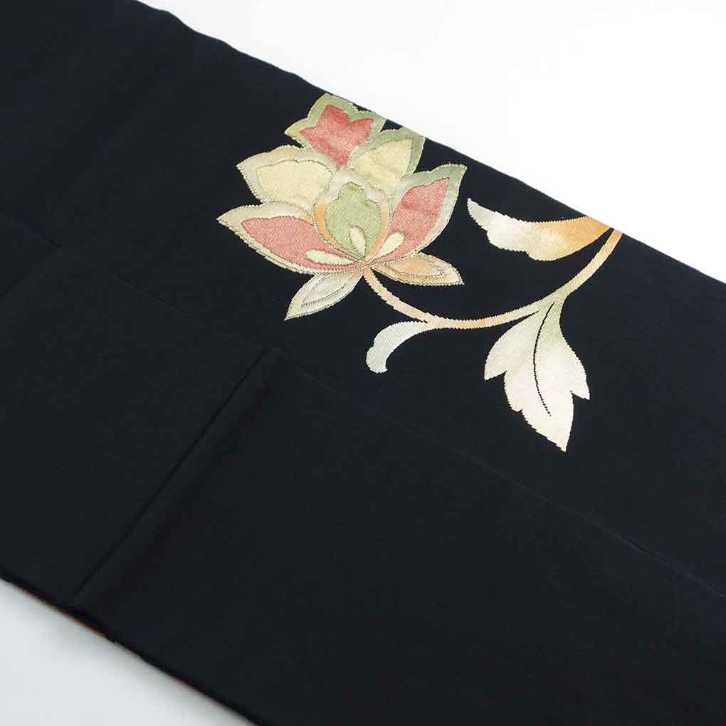 名古屋帯 リサイクル帯 幅30cm 長さ370cm レディース 花柄 秋冬春用 正絹(シルク)ブラック 美品 リメイク リユース【ランクA】