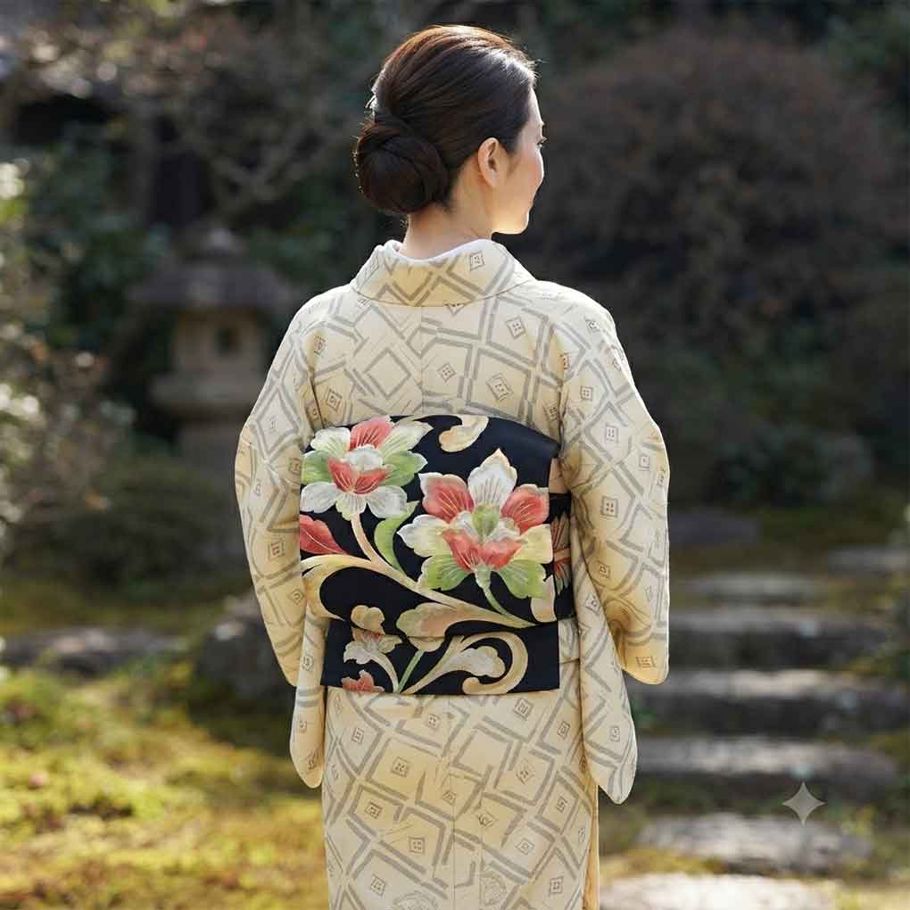 名古屋帯 リサイクル帯 幅30cm 長さ370cm レディース 花柄 秋冬春用 正絹(シルク)ブラック 美品 リメイク リユース【ランクA】