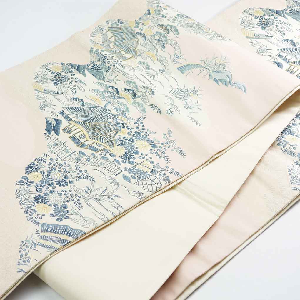 袋帯 リサイクル帯 幅31cm 長さ428cm レディース 風景画 秋冬春用 正絹（シルク）ピンク 美品 リメイク リユース【ランクA】