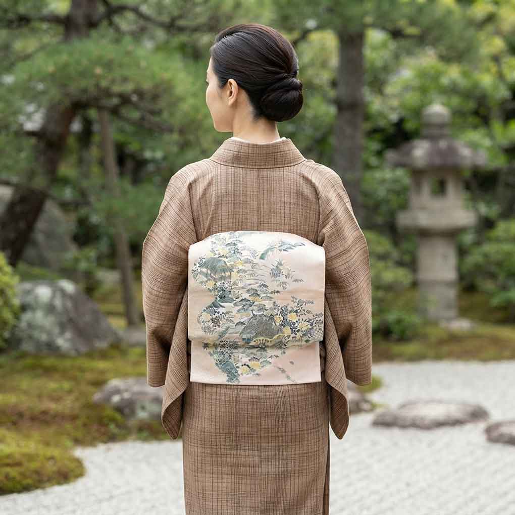 袋帯 リサイクル帯 幅31cm 長さ428cm レディース 風景画 秋冬春用 正絹（シルク）ピンク 美品 リメイク リユース【ランクA】