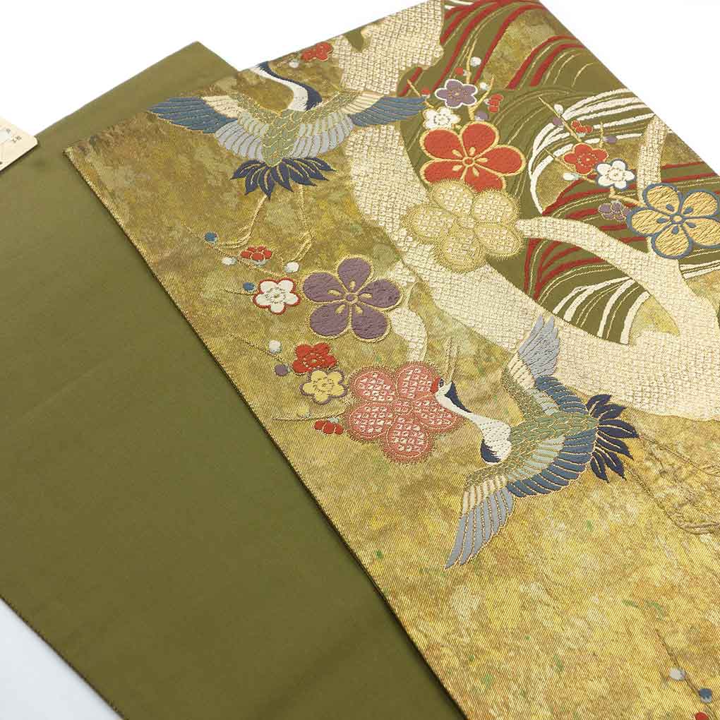 袋帯 リサイクル帯 幅31cm 長さ435cm レディース 鶴 秋冬春用 正絹（シルク）グリーン 美品 リメイク リユース【ランクA】