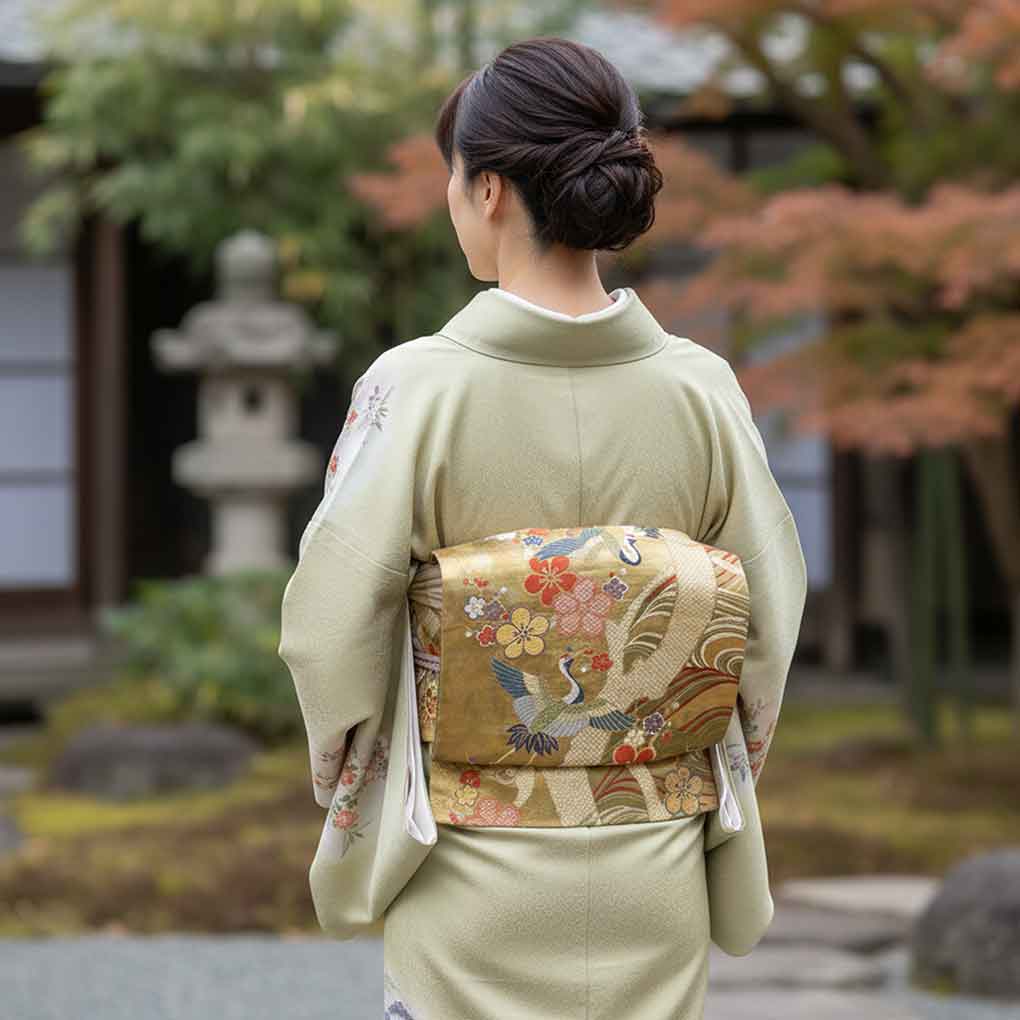 袋帯 リサイクル帯 幅31cm 長さ435cm レディース 鶴 秋冬春用 正絹（シルク）グリーン 美品 リメイク リユース【ランクA】