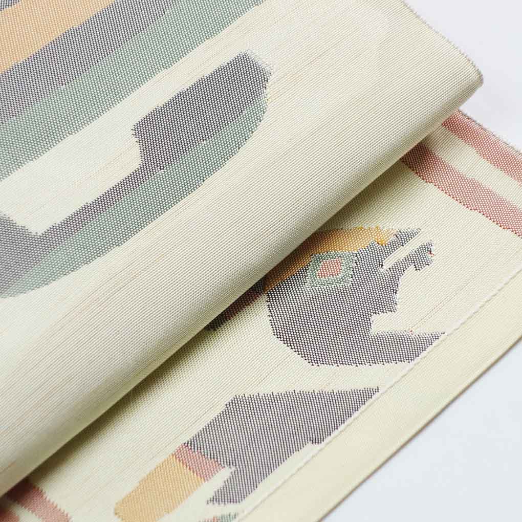 名古屋帯 リサイクル帯 幅31cm 長さ358cm レディース 鳥柄 秋冬春用 正絹(シルク)イエロー 美品 リメイク リユース【ランクA】