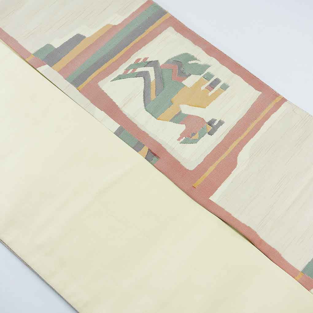 名古屋帯 リサイクル帯 幅31cm 長さ358cm レディース 鳥柄 秋冬春用 正絹(シルク)イエロー 美品 リメイク リユース【ランクA】