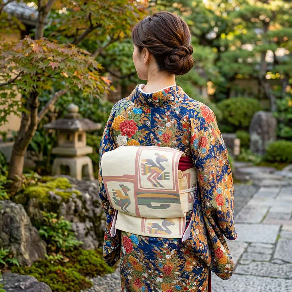 名古屋帯 リサイクル帯 幅31cm 長さ358cm レディース 鳥柄 秋冬春用 正絹(シルク)イエロー 美品 リメイク リユース【ランクA】