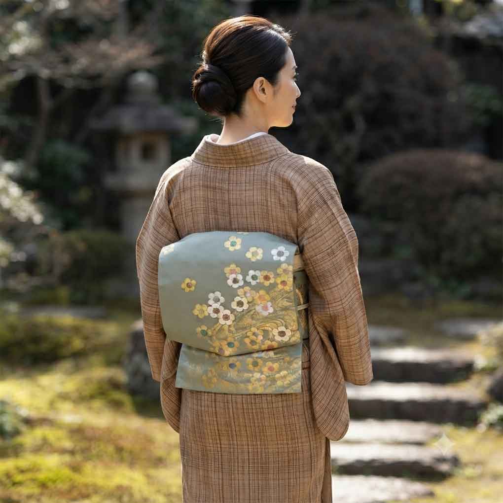 名古屋帯 リサイクル帯 幅30.5cm 長さ359cm レディース 梅柄 秋冬春用 正絹（シルク）グリーン 美品 リメイク リユース【ランクA】