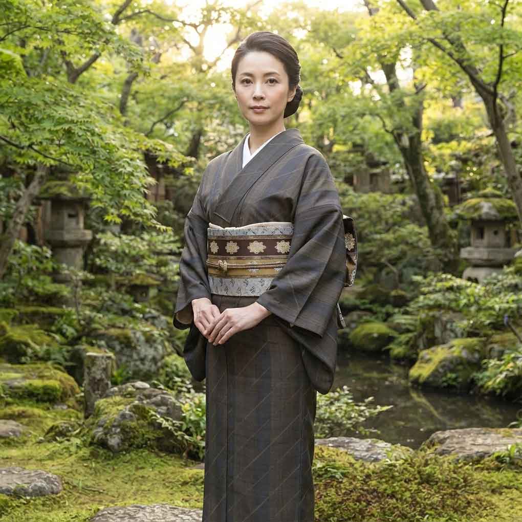 紬 リサイクル着物 身丈155cm 裄63cm 前幅25.5cm 後幅29.5cm 袖丈45cm 袖幅32cm レディース 袷 連続模様 裄Mサイズ 秋冬春用 正絹（シルク）ブラウン 未使用品 リメイク リユース【ランクS】