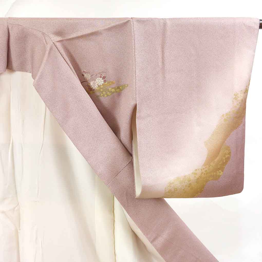 【ちどりや】美品 正絹 訪問着 袷 広衿 身丈158cm/裄64cm 金彩加工 抱き沢瀉紋 縫い一つ紋 秋草 椿花刺繍 青鈍 躾付 G176 中古訪問着 リサイクル着物 身丈158cm 裄64cm 前幅25cm