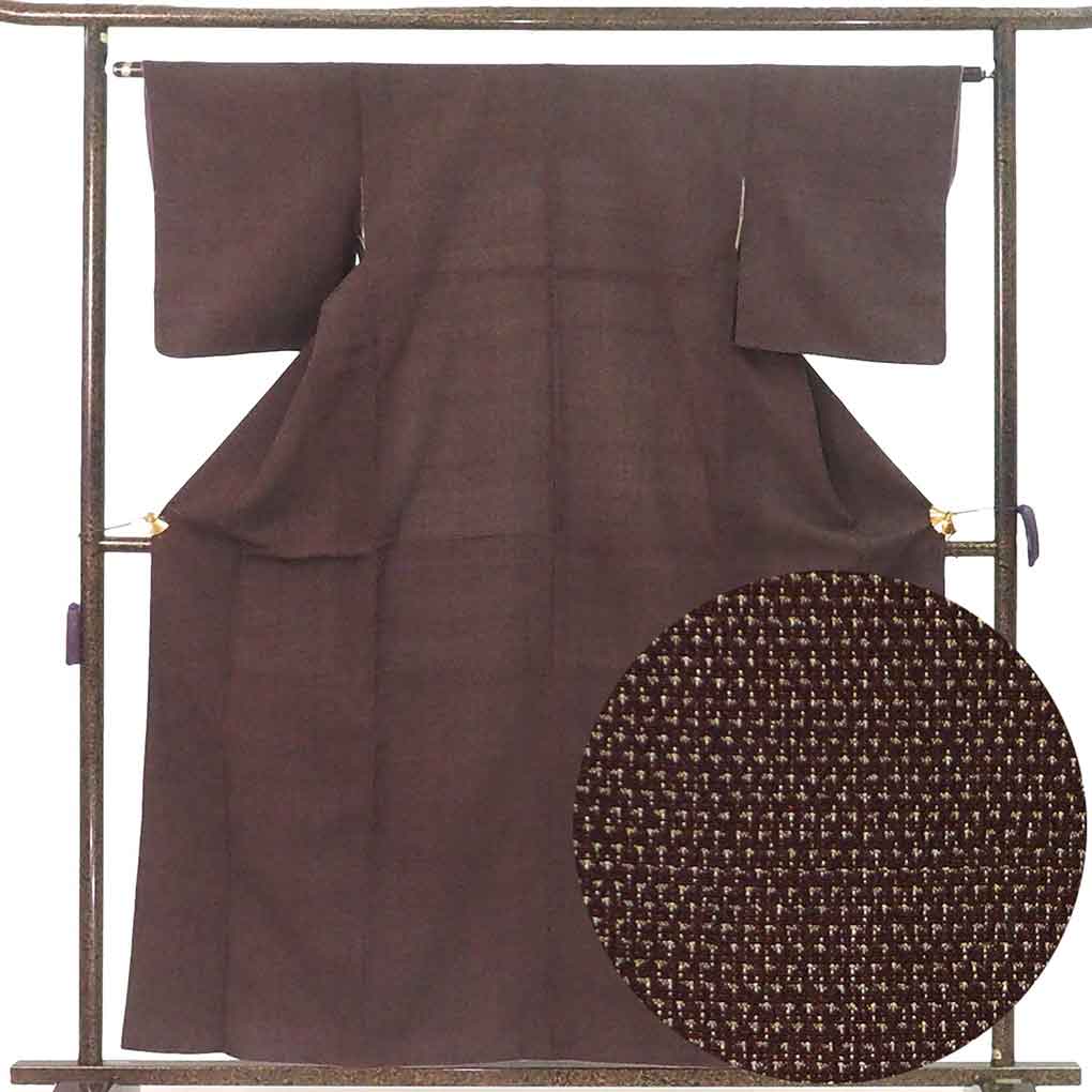 御召し リサイクル着物 身丈159cm 裄63cm 前幅23cm 後幅29cm 袖丈49cm 袖幅32cm レディース 袷 絣模様 裄Mサイズ 秋冬春用 正絹(シルク)ブラウン 未使用品 リメイク リユース【ランクS】