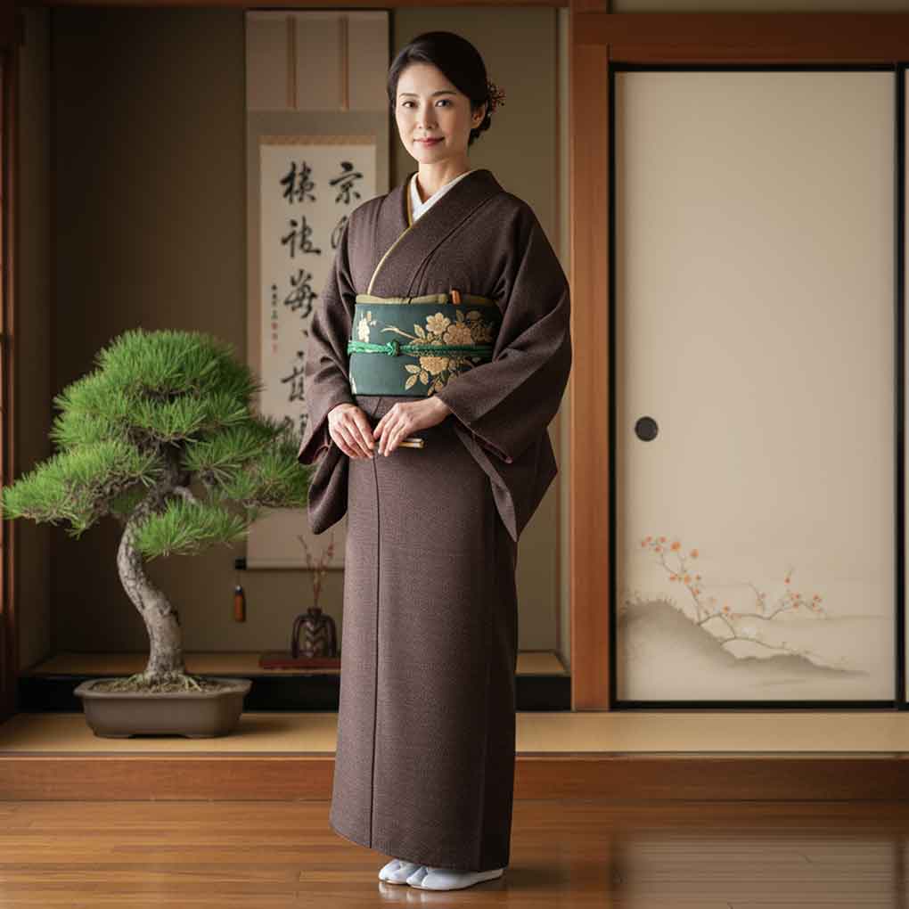 御召し リサイクル着物 身丈159cm 裄63cm 前幅23cm 後幅29cm 袖丈49cm 袖幅32cm レディース 袷 絣模様 裄Mサイズ 秋冬春用 正絹(シルク)ブラウン 未使用品 リメイク リユース【ランクS】