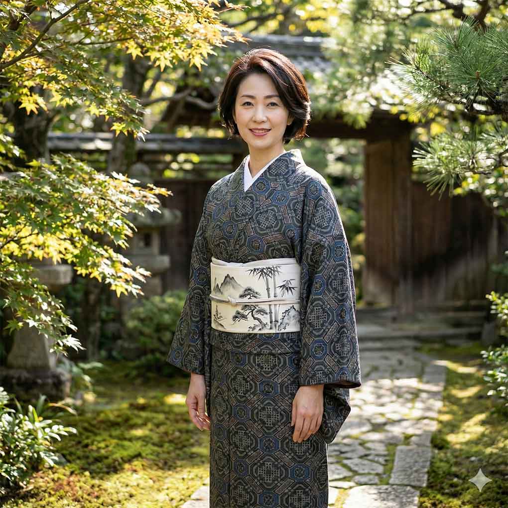 紬 リサイクル着物 身丈155cm 裄63cm 前幅23cm 後幅28cm 袖丈47cm 袖幅32cm レディース 袷 蜀江 裄Mサイズ 秋冬春用 正絹（シルク）ブラック 美品 村山大島紬 リメイク リユース【ランクA】
