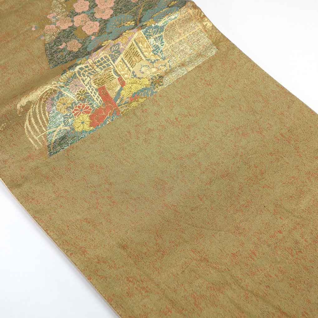 袋帯 リサイクル帯 幅31cm 長さ426cm レディース 扇面 秋冬春用 正絹（シルク）ゴールド 美品 リメイク リユース【ランクA】