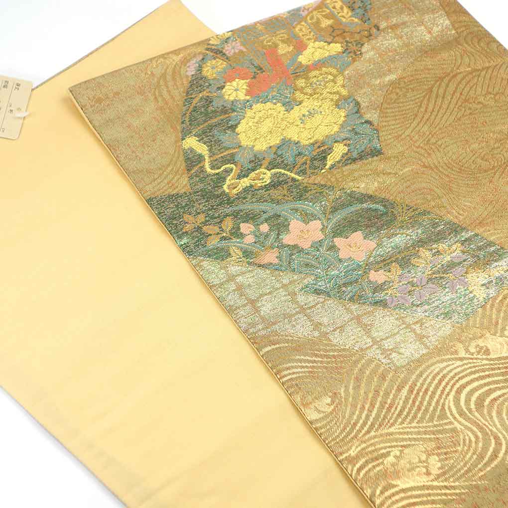 袋帯 リサイクル帯 幅31cm 長さ426cm レディース 扇面 秋冬春用 正絹（シルク）ゴールド 美品 リメイク リユース【ランクA】