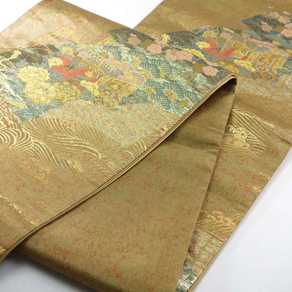 袋帯 リサイクル帯 幅31cm 長さ426cm レディース 扇面 秋冬春用 正絹（シルク）ゴールド 美品 リメイク リユース【ランクA】