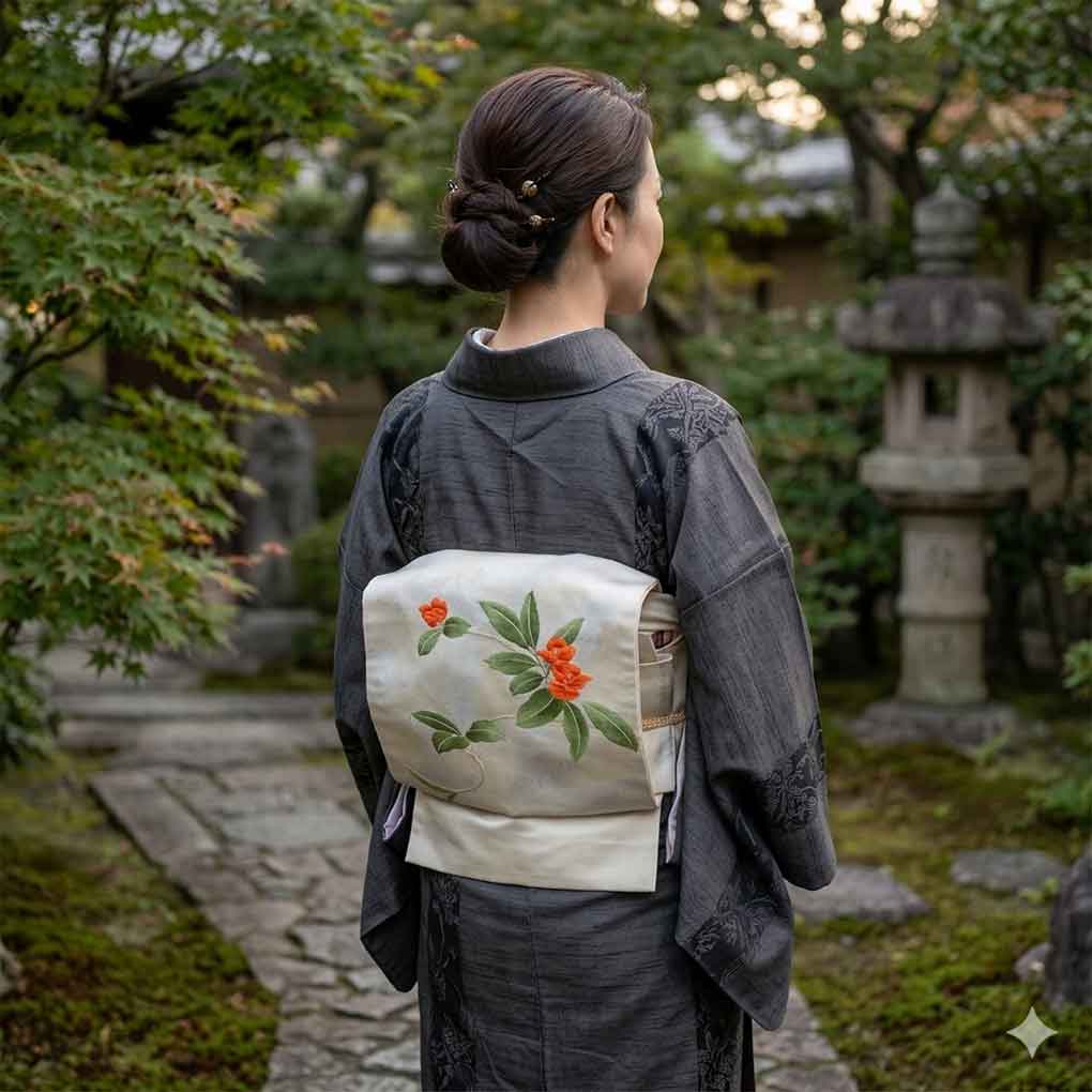 名古屋帯 リサイクル帯 幅30.5cm 長さ360cm レディース 花柄 秋冬春用 正絹(シルク)ホワイト やや難 リメイク リユース【ランクB】