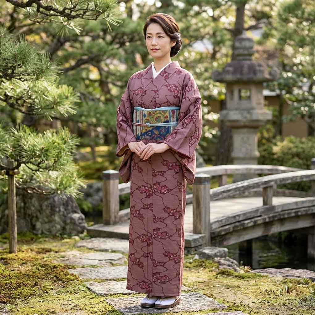 ウール着物 リサイクル着物 身丈154cm 裄63cm 前幅23cm 後幅28cm 袖丈50cm 袖幅33cm レディース 単衣 花柄 裄Mサイズ 秋冬春用 ウール パープル 未使用品 リメイク リユース【ランクS】