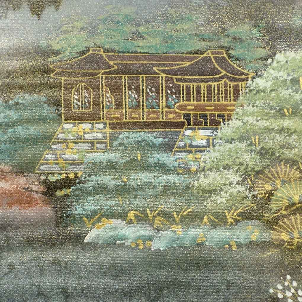 名古屋帯 リサイクル帯 幅30.5cm 長さ366cm レディース 風景画 秋冬春用 正絹（シルク）ブラック 美品 リメイク リユース【ランクA】