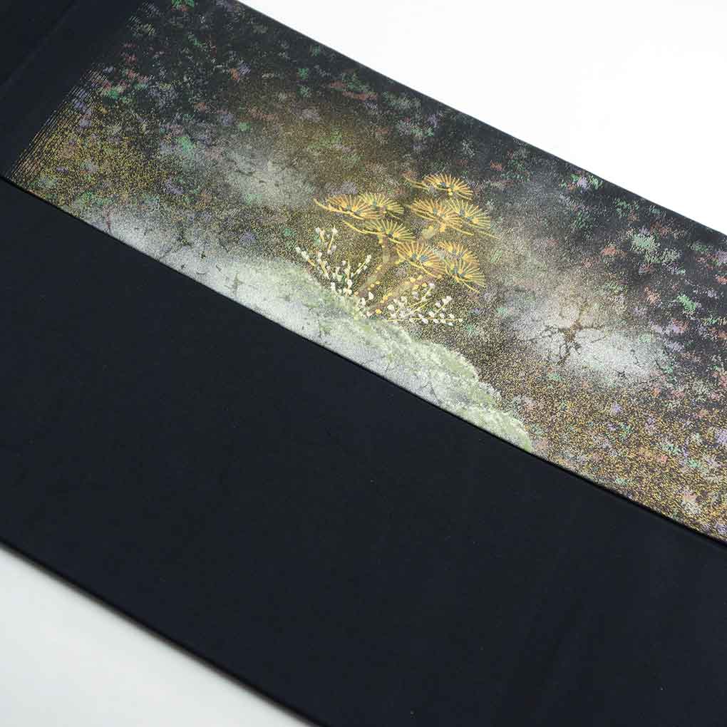 名古屋帯 リサイクル帯 幅30.5cm 長さ366cm レディース 風景画 秋冬春用 正絹（シルク）ブラック 美品 リメイク リユース【ランクA】