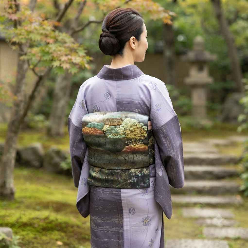 名古屋帯 リサイクル帯 幅30.5cm 長さ366cm レディース 風景画 秋冬春用 正絹（シルク）ブラック 美品 リメイク リユース【ランクA】