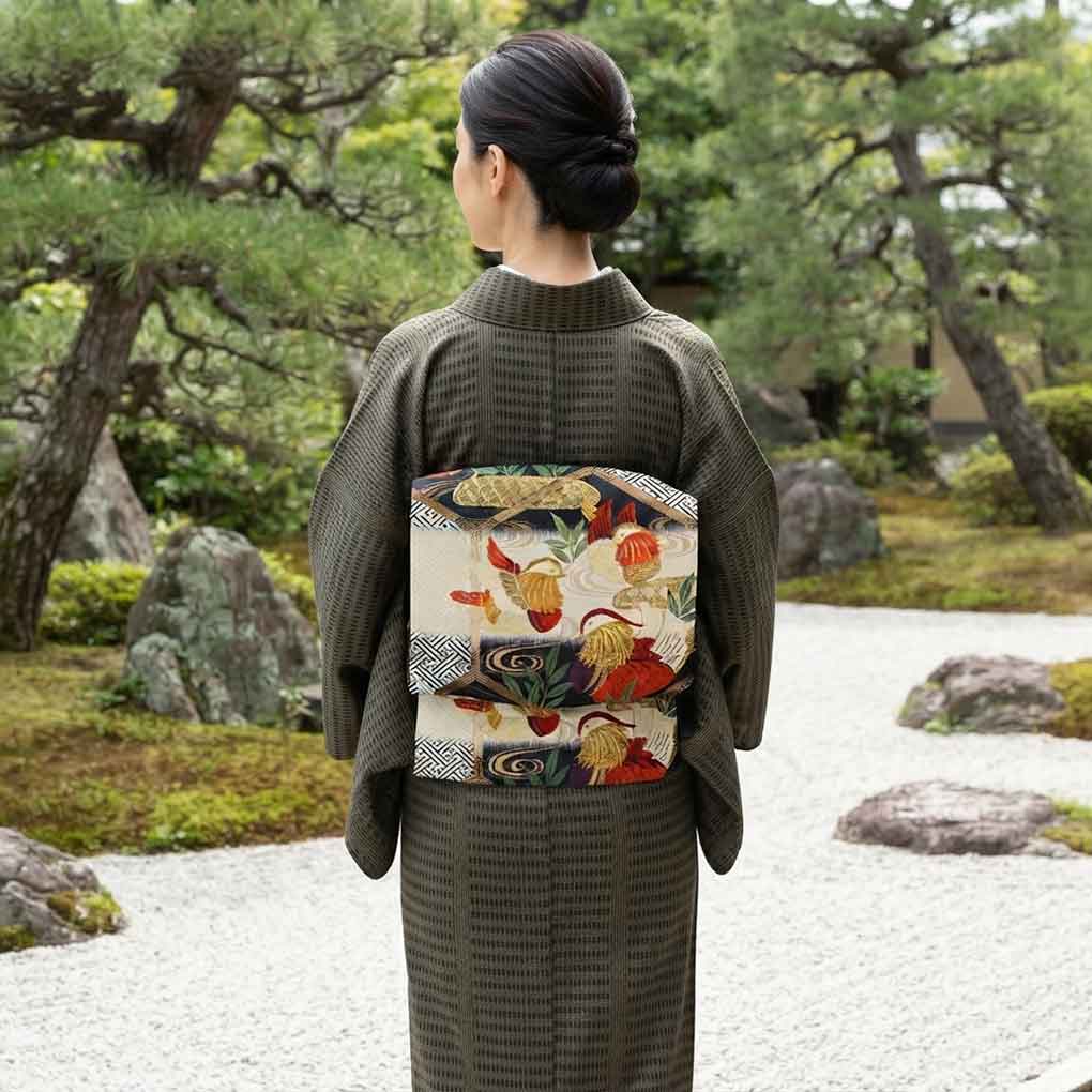 袋帯 リサイクル帯 幅31cm 長さ436cm レディース 鴛鴦 秋冬春用 正絹(シルク)ホワイト 美品 リメイク リユース【ランクA】