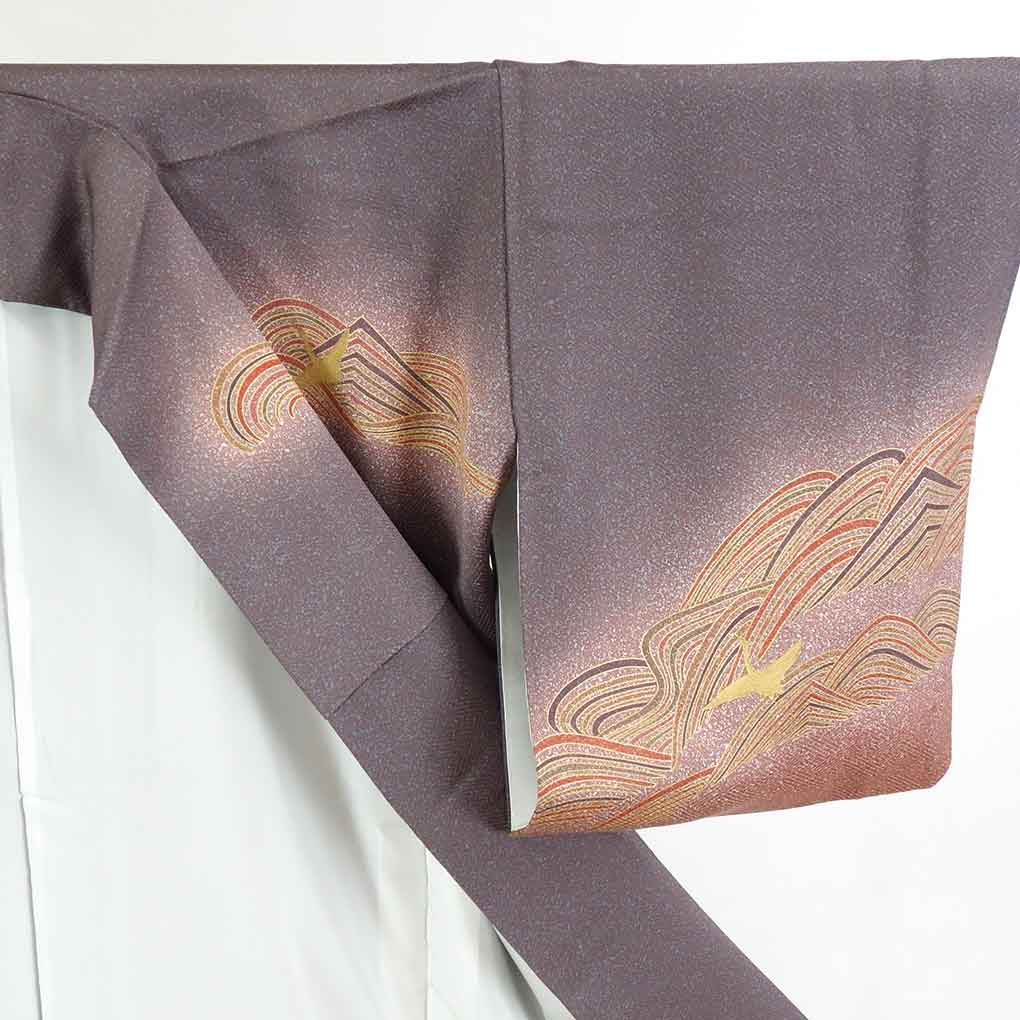 リサイクル 訪問着 紫地 鳥柄 袷 正絹 着物 レディース 秋冬春用 シルク パープル 裄Sサイズ身丈155cm 裄62cm 前幅23cm 後幅29.5cm 袖丈49cm【ランクA】