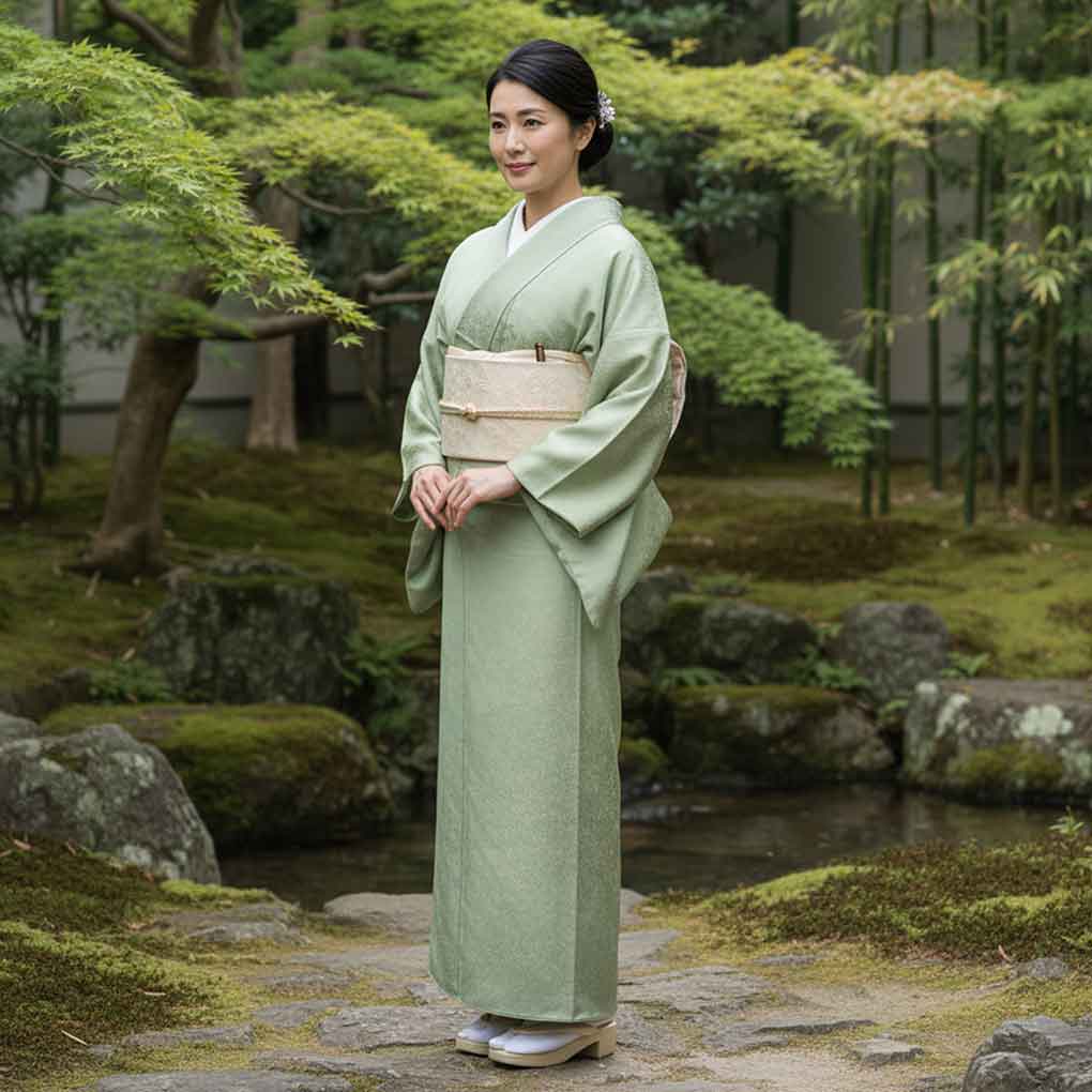 色無地 リサイクル着物 身丈159cm 裄64cm 前幅22.5cm 後幅28.5cm 袖丈49cm 袖幅34cm レディース 袷 無地 裄Mサイズ 秋冬春用 正絹(シルク)グリーン やや難 リメイク リユース【ランクB】