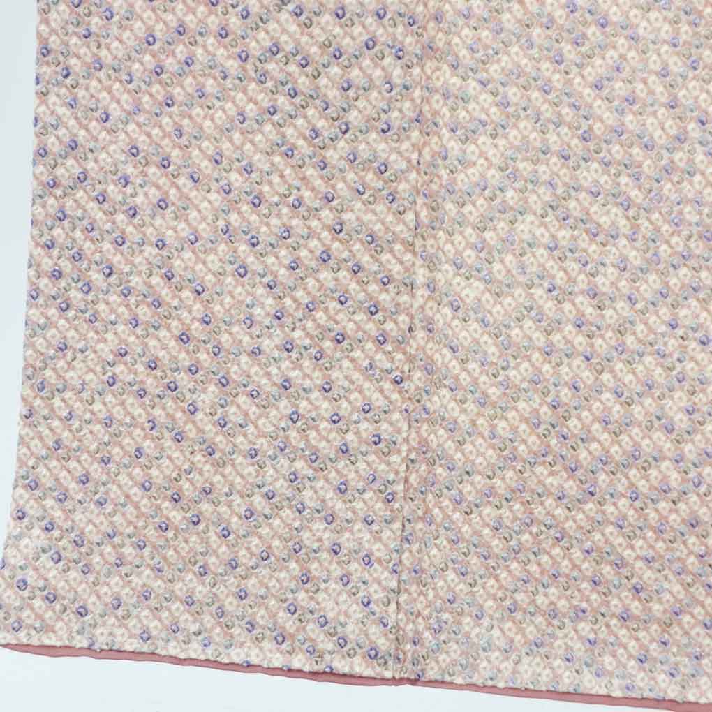 小紋 リサイクル着物 身丈153cm 裄60cm 前幅22.5cm 後幅27.5cm 袖丈44cm 袖幅31cm レディース 袷 絞り 裄SS-Sサイズ 秋冬春用 正絹（シルク）ピンク 未使用品 リメイク リユース【ランクS】