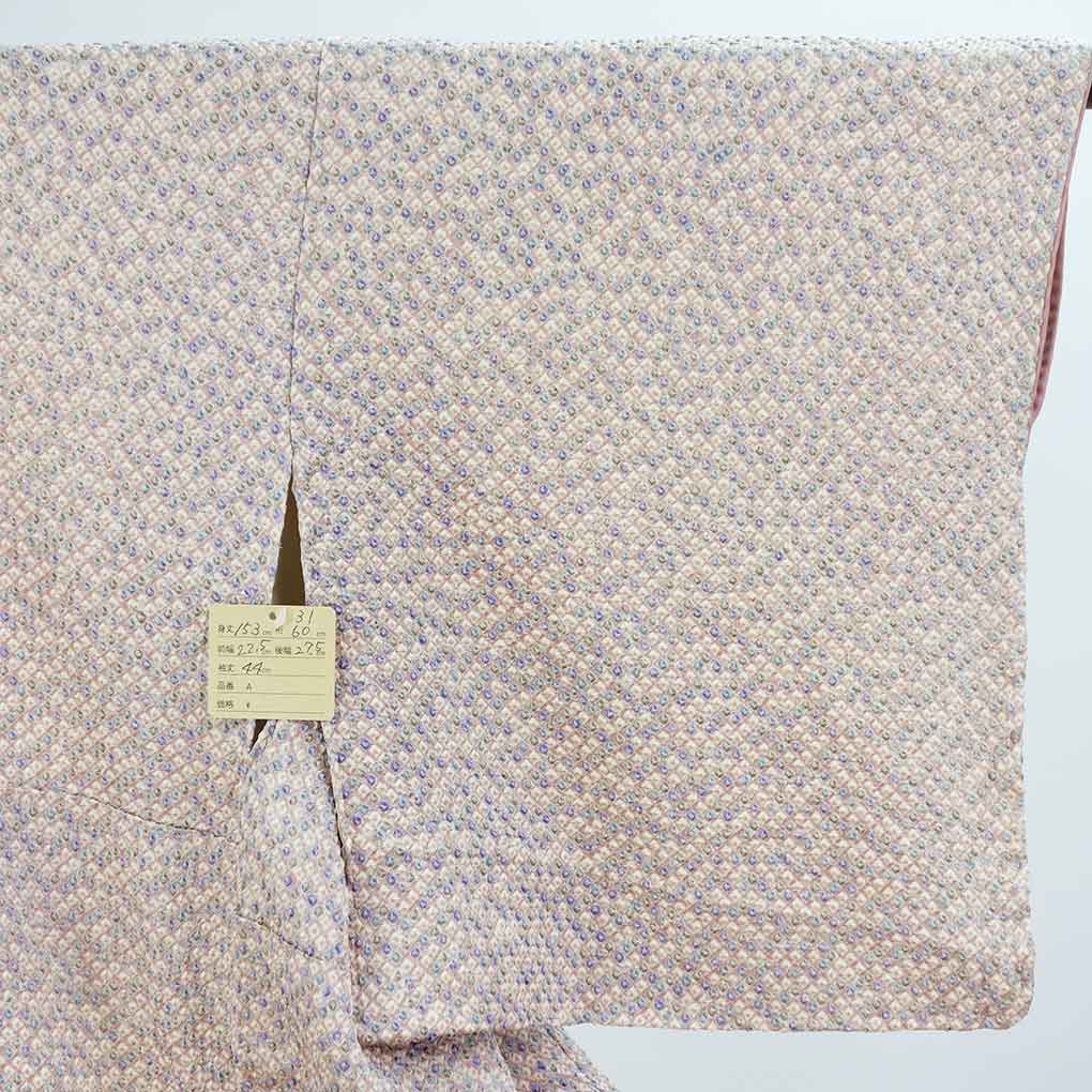 小紋 リサイクル着物 身丈153cm 裄60cm 前幅22.5cm 後幅27.5cm 袖丈44cm 袖幅31cm レディース 袷 絞り 裄SS-Sサイズ 秋冬春用 正絹（シルク）ピンク 未使用品 リメイク リユース【ランクS】