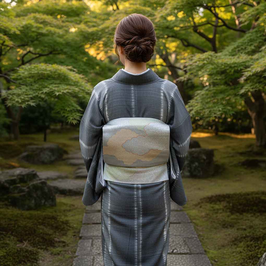 袋帯 リサイクル帯 幅31cm 長さ440cm レディース 雲取り 秋冬春用 正絹（シルク）シルバー 美品 リメイク リユース【ランクA】