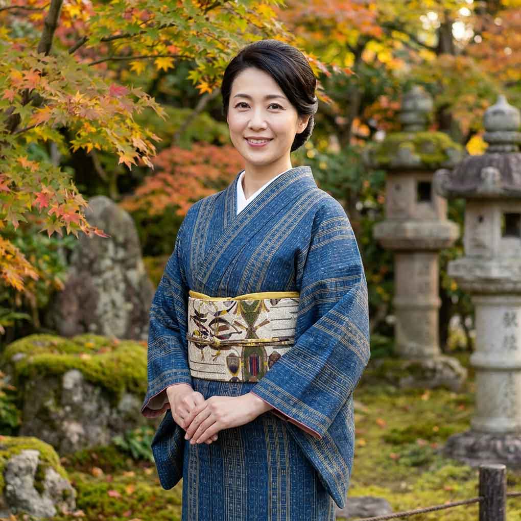 紬 リサイクル着物 身丈150cm 裄64cm 前幅26cm 後幅31.5cm 袖丈45cm 袖幅32cm レディース 袷 絣模様 裄Mサイズ 秋冬春用 正絹（シルク）ネイビー 美品 リメイク リユース【ランクA】