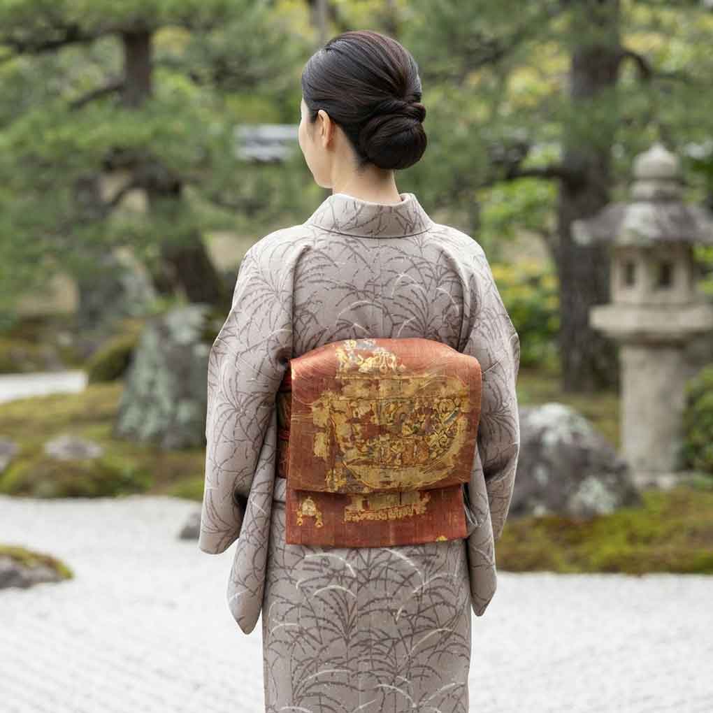 袋帯 リサイクル帯 幅31cm 長さ440cm レディース 抽象柄 秋冬春用 正絹（シルク）ブラウン 未使用品 リメイク リユース【ランクS】
