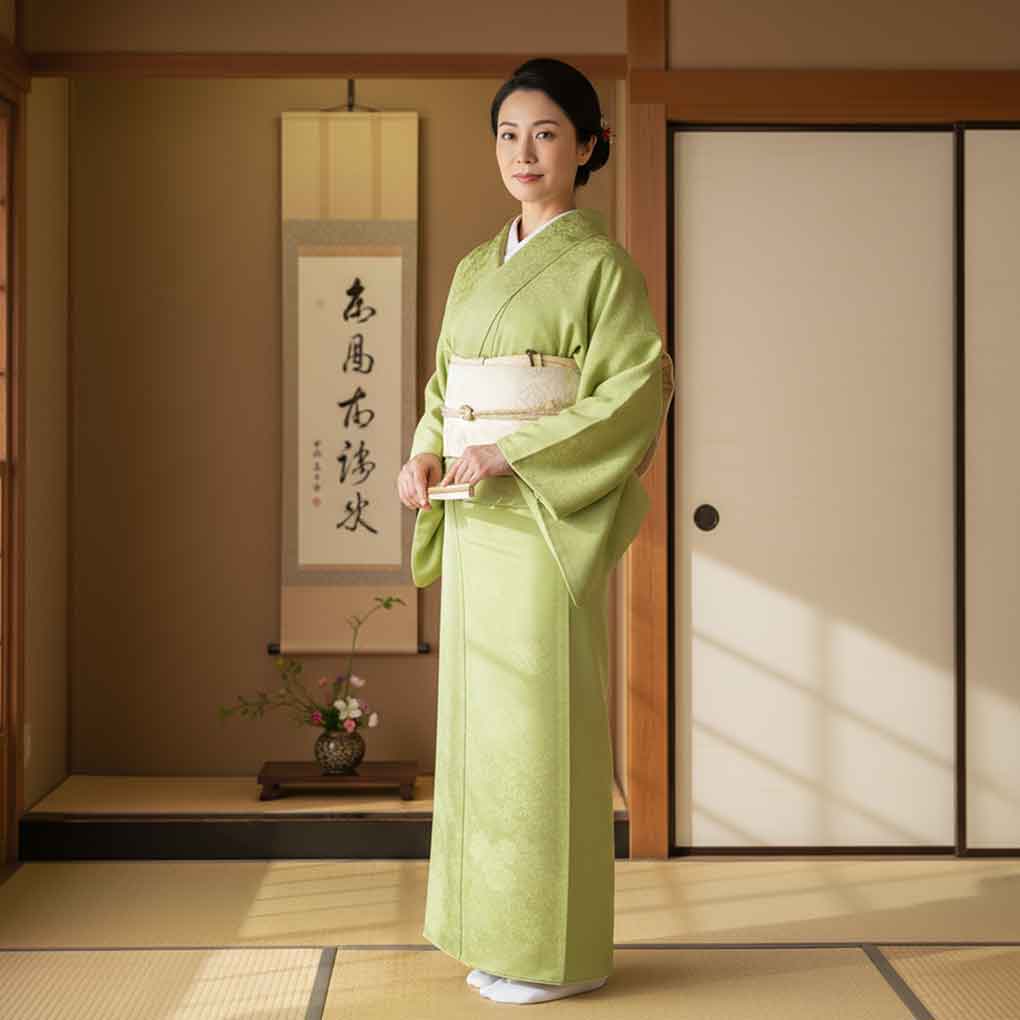 色無地 リサイクル着物 身丈153cm 裄62cm 前幅24.5cm 後幅28.5cm 袖丈52cm 袖幅32cm レディース 袷 無地 裄Sサイズ 秋冬春用 正絹（シルク）グリーン やや難 リメイク リユース【ランクB】