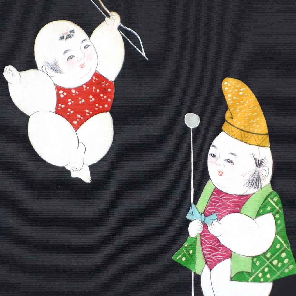 名古屋帯 リサイクル帯 幅30cm 長さ385cm レディース 唐子人形 秋冬春用 正絹（シルク）ブラック やや難 塩瀬 リメイク リユース【ランクB】