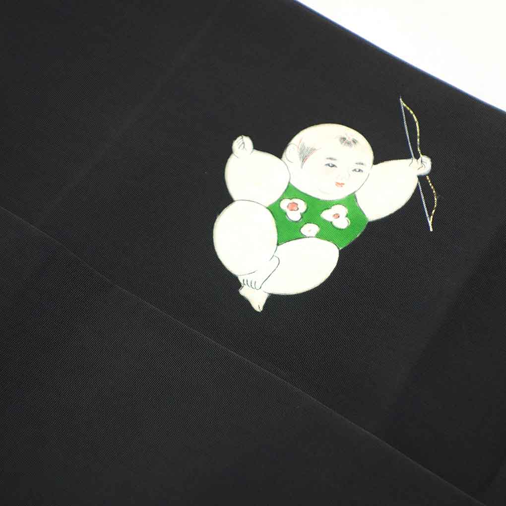 名古屋帯 リサイクル帯 幅30cm 長さ385cm レディース 唐子人形 秋冬春用 正絹（シルク）ブラック やや難 塩瀬 リメイク リユース【ランクB】
