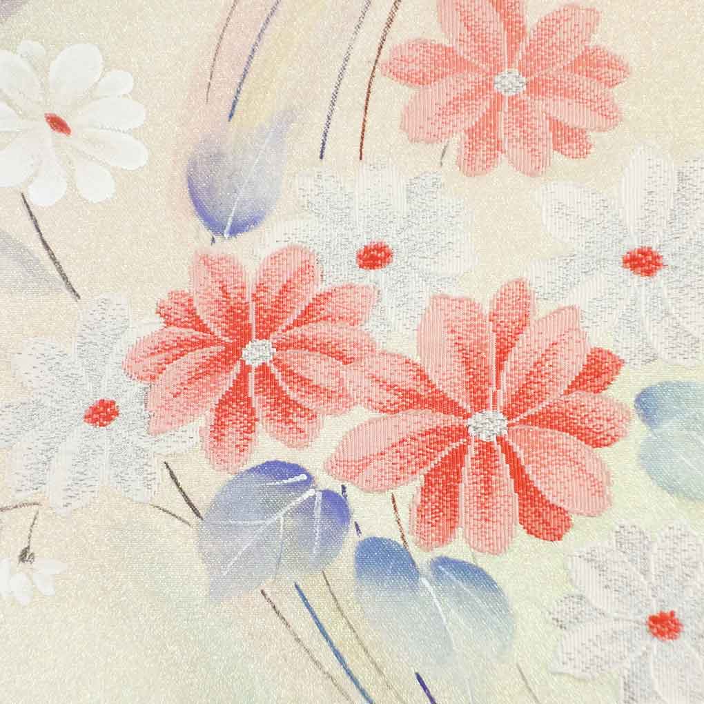 名古屋帯 リサイクル帯 幅30cm 長さ356cm レディース 花柄 秋冬春用 正絹（シルク）ゴールド 美品 リメイク リユース【ランクA】