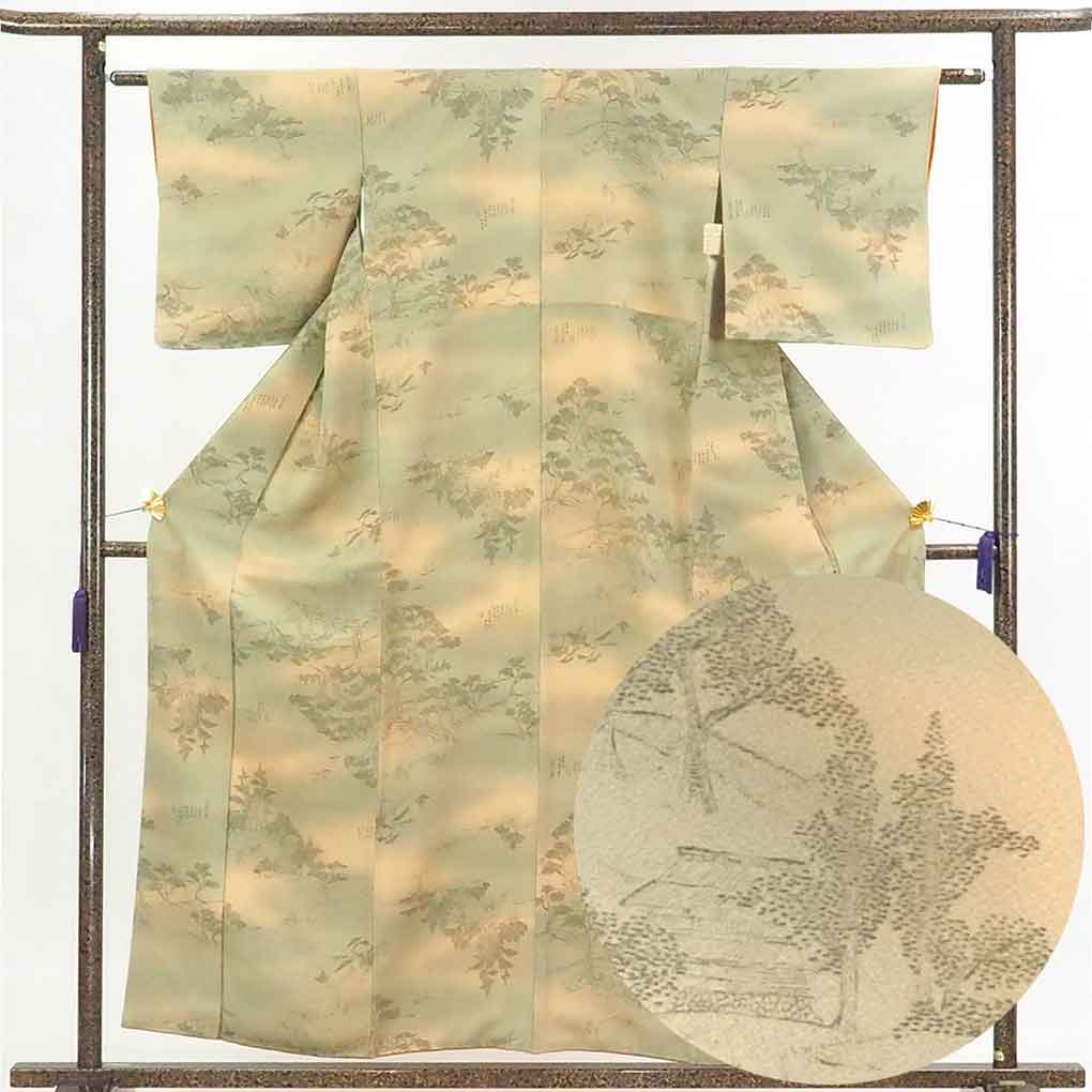 リサイクル 小紋 茶グリーン地 ぼかし 袷 正絹 着物 レディース 秋冬春用 シルク グリーン 裄SSサイズ身丈157cm 裄60cm 前幅24cm 後幅27cm 袖丈45cm【ランクA】