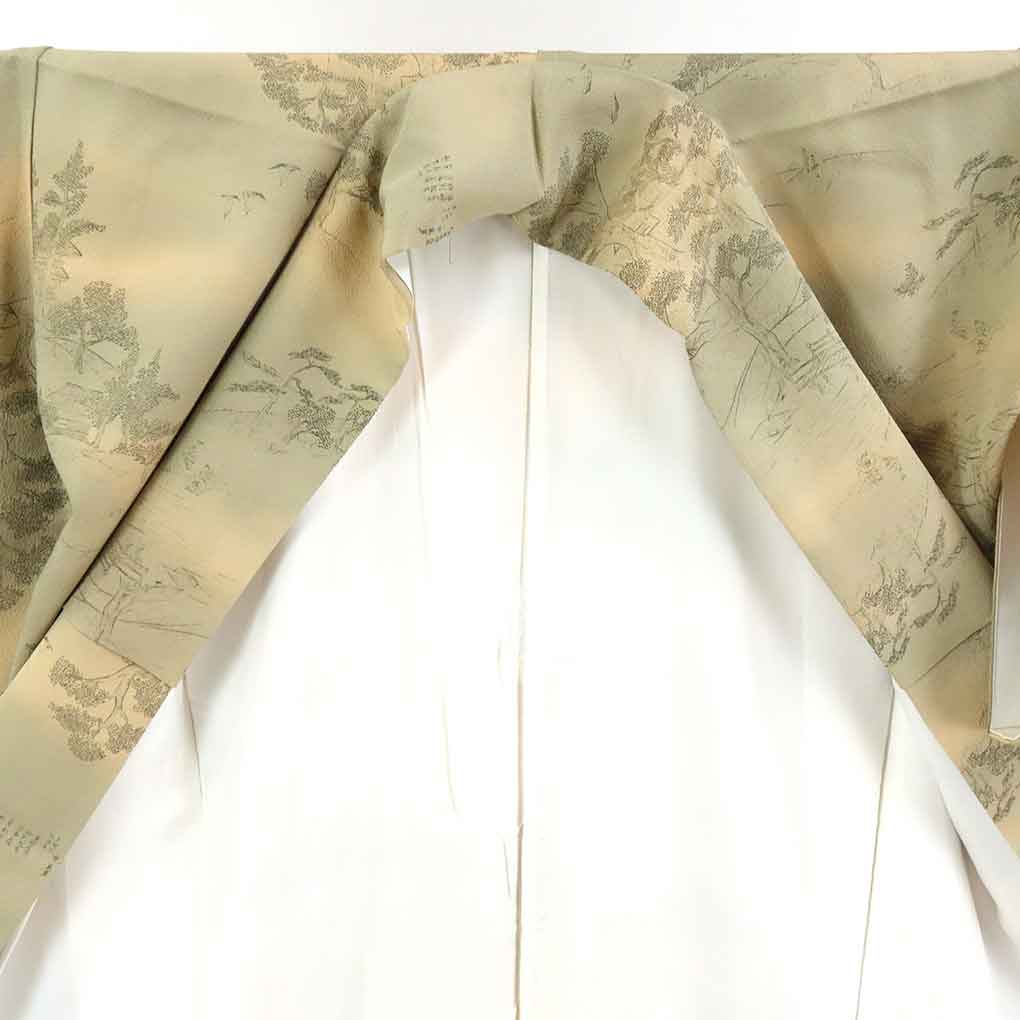 リサイクル 小紋 茶グリーン地 ぼかし 袷 正絹 着物 レディース 秋冬春用 シルク グリーン 裄SSサイズ身丈157cm 裄60cm 前幅24cm 後幅27cm 袖丈45cm【ランクA】