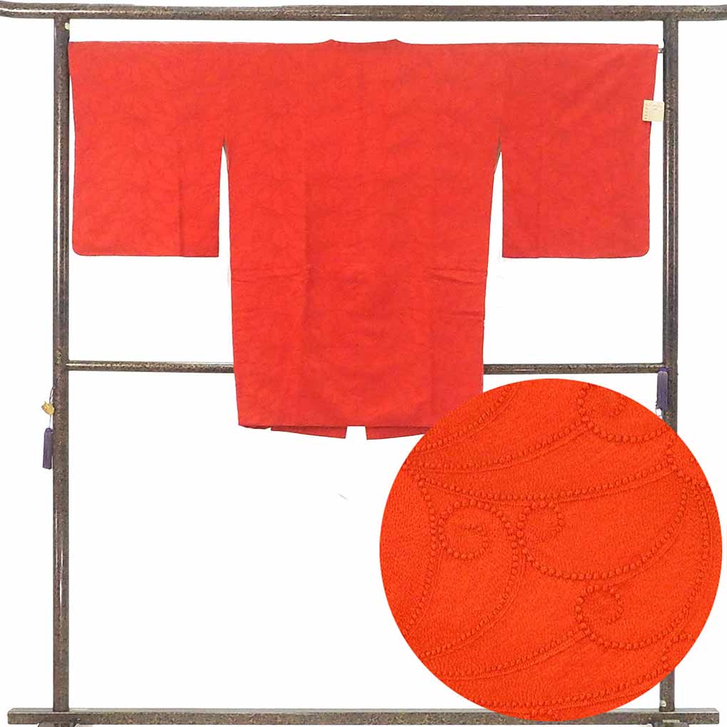 コート リサイクル着物 コート丈89cm 裄68cm 袖丈50cm 袖幅34.5cm レディース 袷 連続模様 裄長 裄Lサイズ 秋冬春用 正絹（シルク）オレンジ 美品 リメイク リユース【ランクA】