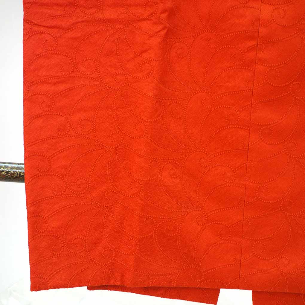 コート リサイクル着物 コート丈89cm 裄68cm 袖丈50cm 袖幅34.5cm レディース 袷 連続模様 裄長 裄Lサイズ 秋冬春用 正絹（シルク）オレンジ 美品 リメイク リユース【ランクA】