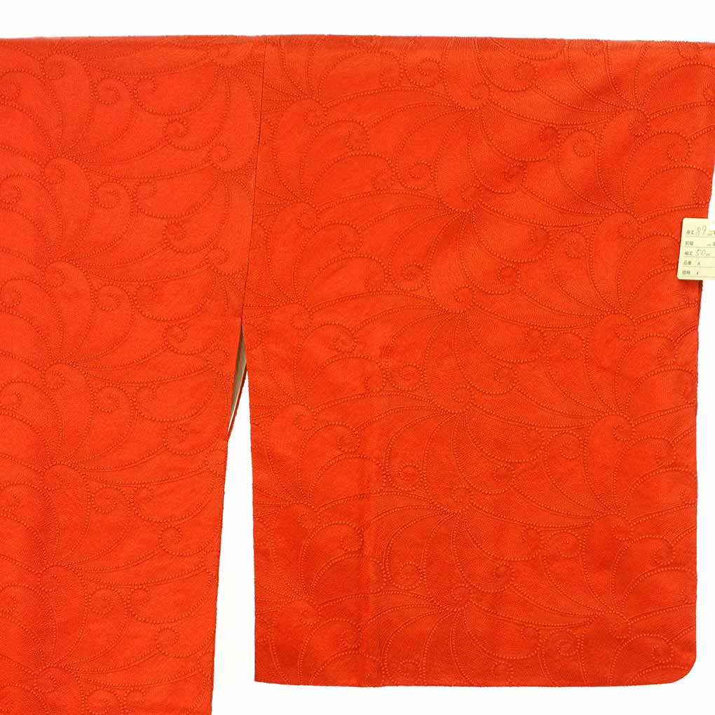 コート リサイクル着物 コート丈89cm 裄68cm 袖丈50cm 袖幅34.5cm レディース 袷 連続模様 裄長 裄Lサイズ 秋冬春用 正絹（シルク）オレンジ 美品 リメイク リユース【ランクA】