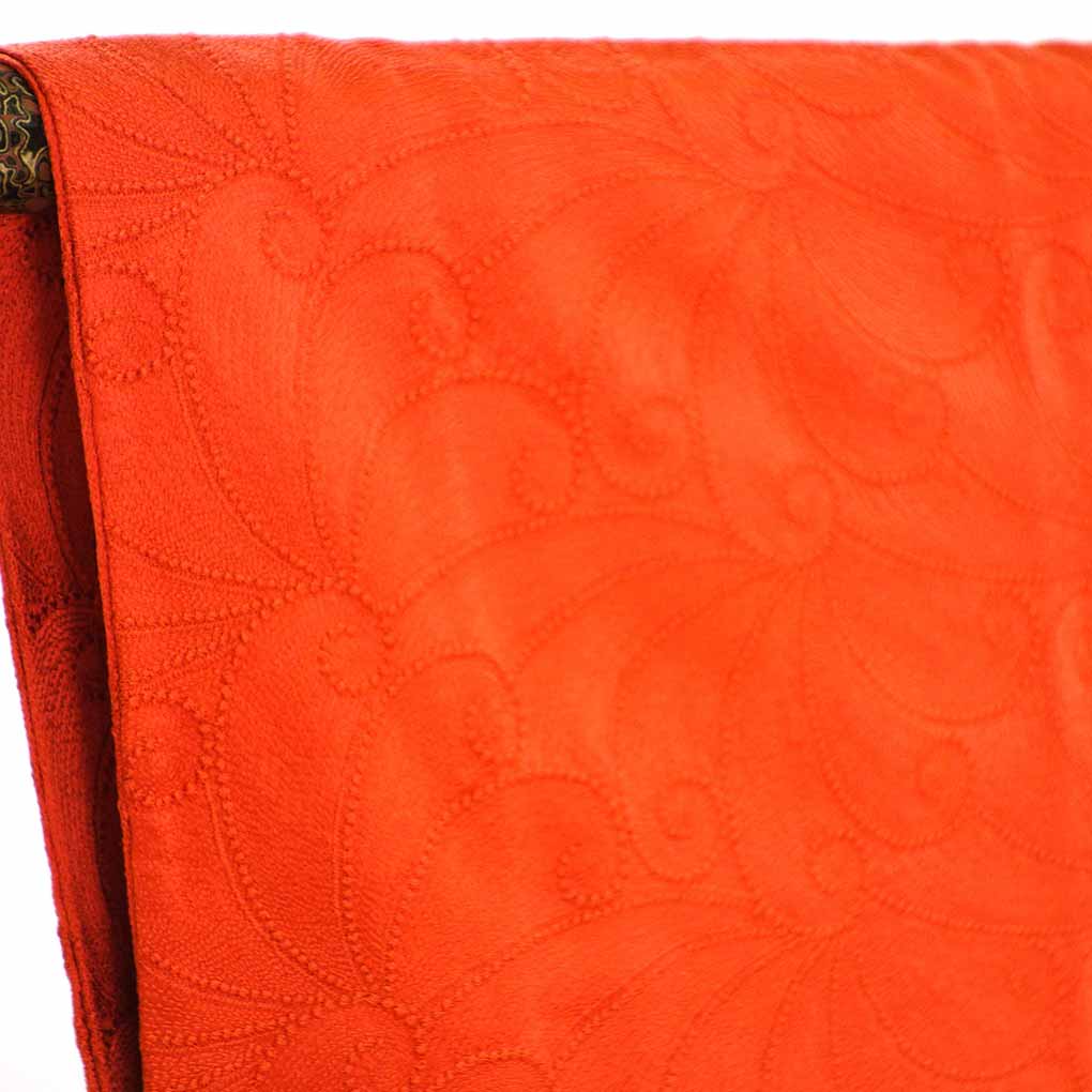 コート リサイクル着物 コート丈89cm 裄68cm 袖丈50cm 袖幅34.5cm レディース 袷 連続模様 裄長 裄Lサイズ 秋冬春用 正絹（シルク）オレンジ 美品 リメイク リユース【ランクA】