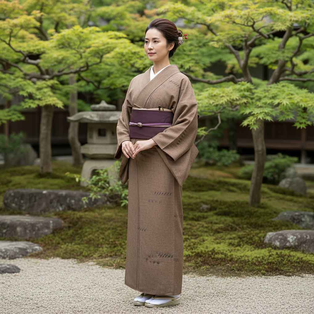 紬 リサイクル着物 身丈158cm 裄62cm 前幅22.5cm 後幅28.5cm 袖丈47cm 袖幅32cm レディース 袷 連続模様 裄Sサイズ 秋冬春用 正絹（シルク）ブラウン 美品 リメイク リユース【ランクA】