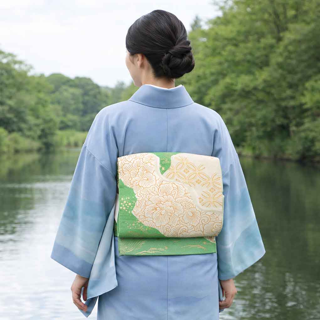 袋帯 リサイクル帯 幅31cm 長さ432cm レディース 花柄 秋冬春用 正絹（シルク）グリーン 美品 リメイク リユース【ランクA】