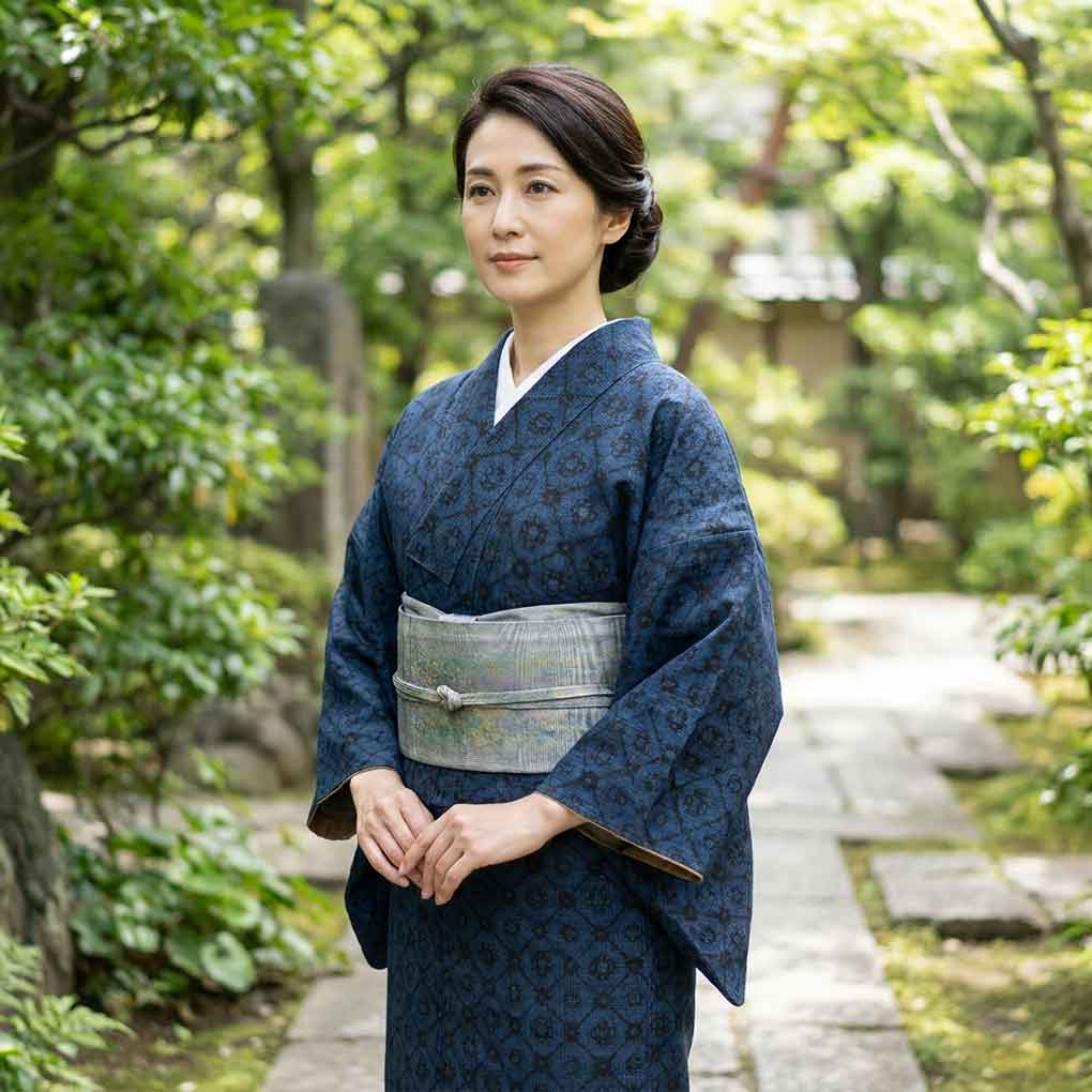 紬 リサイクル着物 身丈153cm 裄65cm 前幅25cm 後幅30cm 袖丈49cm 袖幅32.5cm レディース 袷 連続模様 裄Mサイズ 秋冬春用 正絹（シルク）ネイビー 未使用品 リメイク リユース【ランクS】