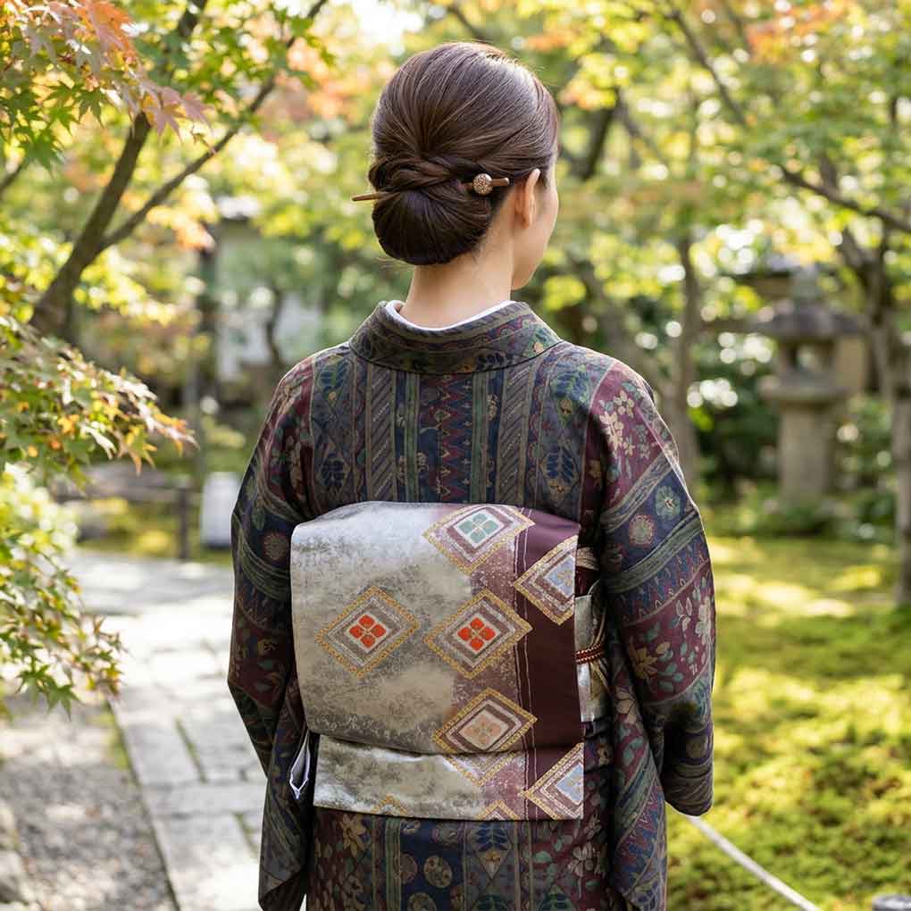名古屋帯 リサイクル帯 幅30.5cm 長さ346cm レディース 菱形 秋冬春用 正絹(シルク)シルバー 美品 リメイク リユース【ランクA】