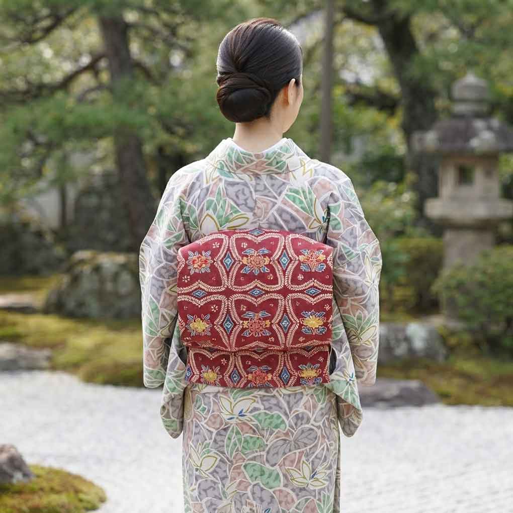 名古屋帯 リサイクル帯 幅29.5cm 長さ337cm レディース 連続模様 秋冬春用 正絹（シルク）ピンク やや難 リメイク リユース【ランクB】