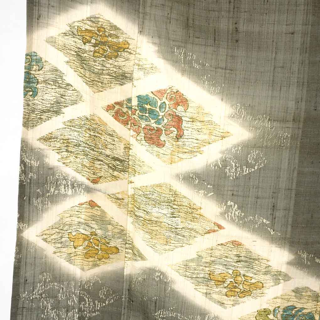 訪問着 リサイクル着物 身丈157cm 裄63cm 前幅25.5cm 後幅30.5cm 袖丈49cm 袖幅33cm レディース 単衣 松皮菱 裄Mサイズ 初夏・初秋用 正絹（シルク）グレー やや難 リメイク リユース【ランクB】