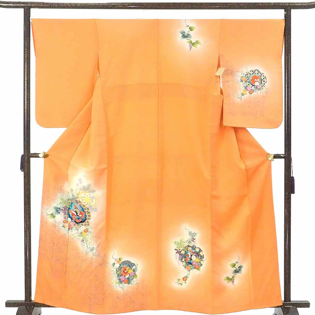 訪問着 リサイクル着物 身丈163cm 裄68cm 前幅23cm 後幅30.5cm 袖丈60cm 袖幅34cm レディース 袷 葡萄 裄長 裄Lサイズ 秋冬春用 正絹（シルク）オレンジ やや難 リメイク リユース【ランクB】