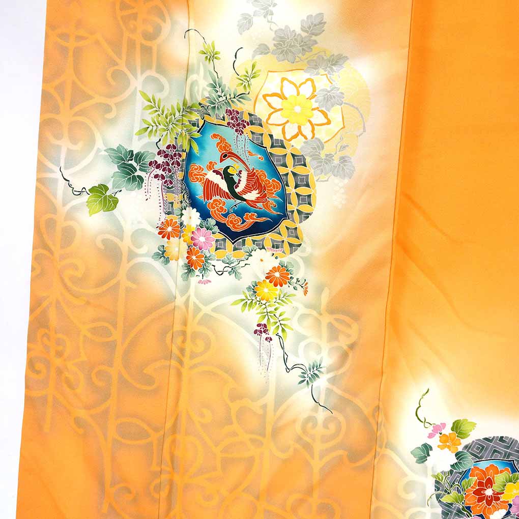 訪問着 リサイクル着物 身丈163cm 裄68cm 前幅23cm 後幅30.5cm 袖丈60cm 袖幅34cm レディース 袷 葡萄 裄長 裄Lサイズ 秋冬春用 正絹（シルク）オレンジ やや難 リメイク リユース【ランクB】