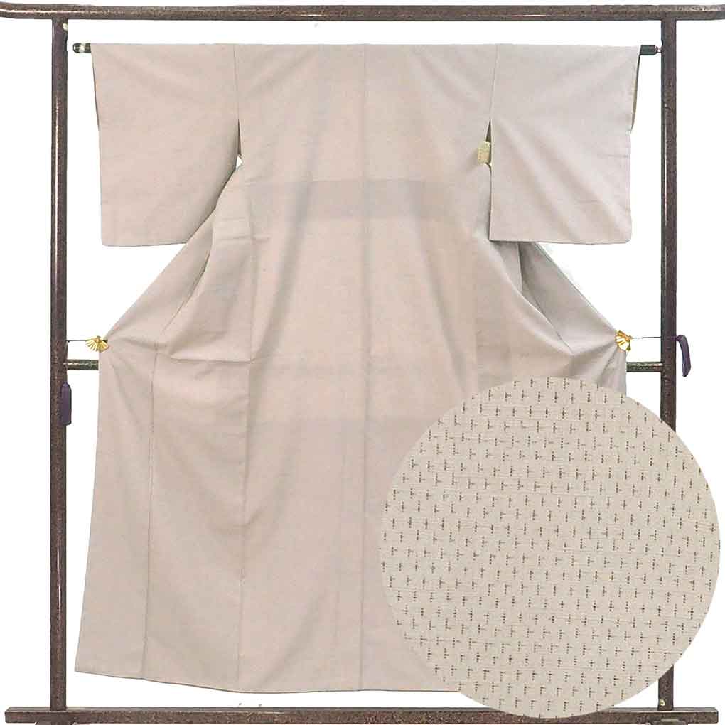 紬 リサイクル着物 身丈155cm 裄63cm 前幅23cm 後幅29cm 袖丈49cm 袖幅33cm レディース 袷 絣模様 裄Mサイズ 秋冬春用 正絹（シルク）グレー やや難 リメイク リユース【ランクB】